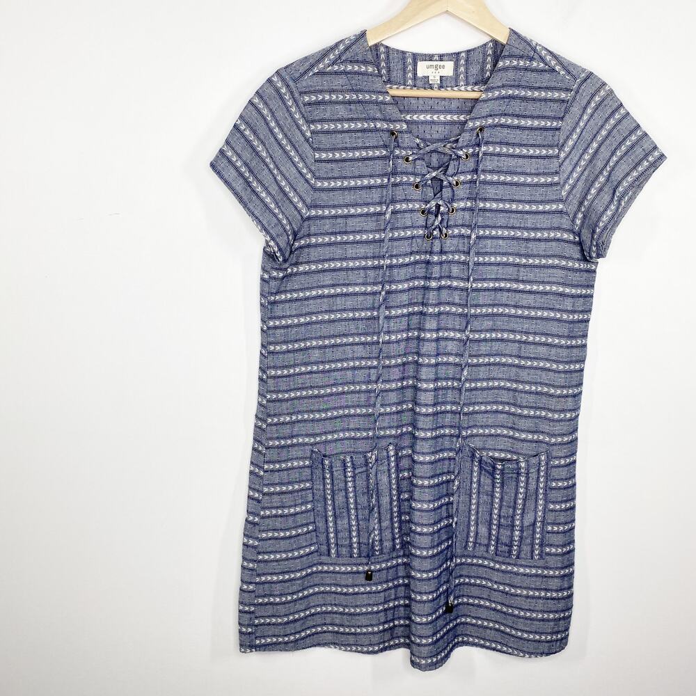 Umgee Boho Blue‎ Striped Lace-Up Dress Women M Short Sleeve Cotton Resort Casual